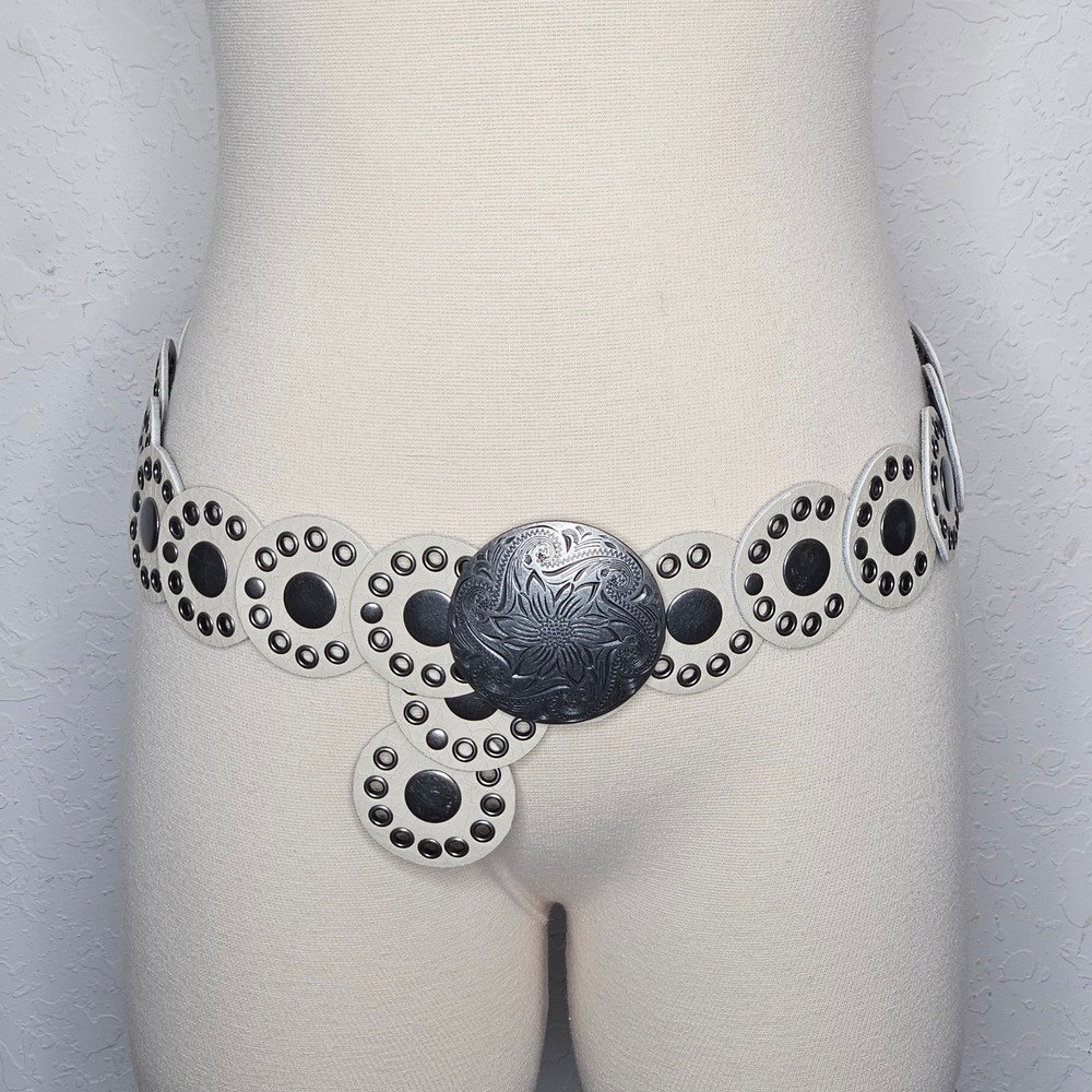 Vintage White Crackle‎ Concho Disc Belt Silver Tone Western Boho Statement Belt
